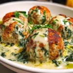 Baked Chicken Ricotta Meatballs with Spinach Alfredo Sauce