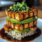 Crispy Teriyaki Tofu and Avocado Rice Stack