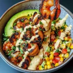 Grilled Shrimp Bowl with Avocado, Corn Salsa & Creamy Sauce