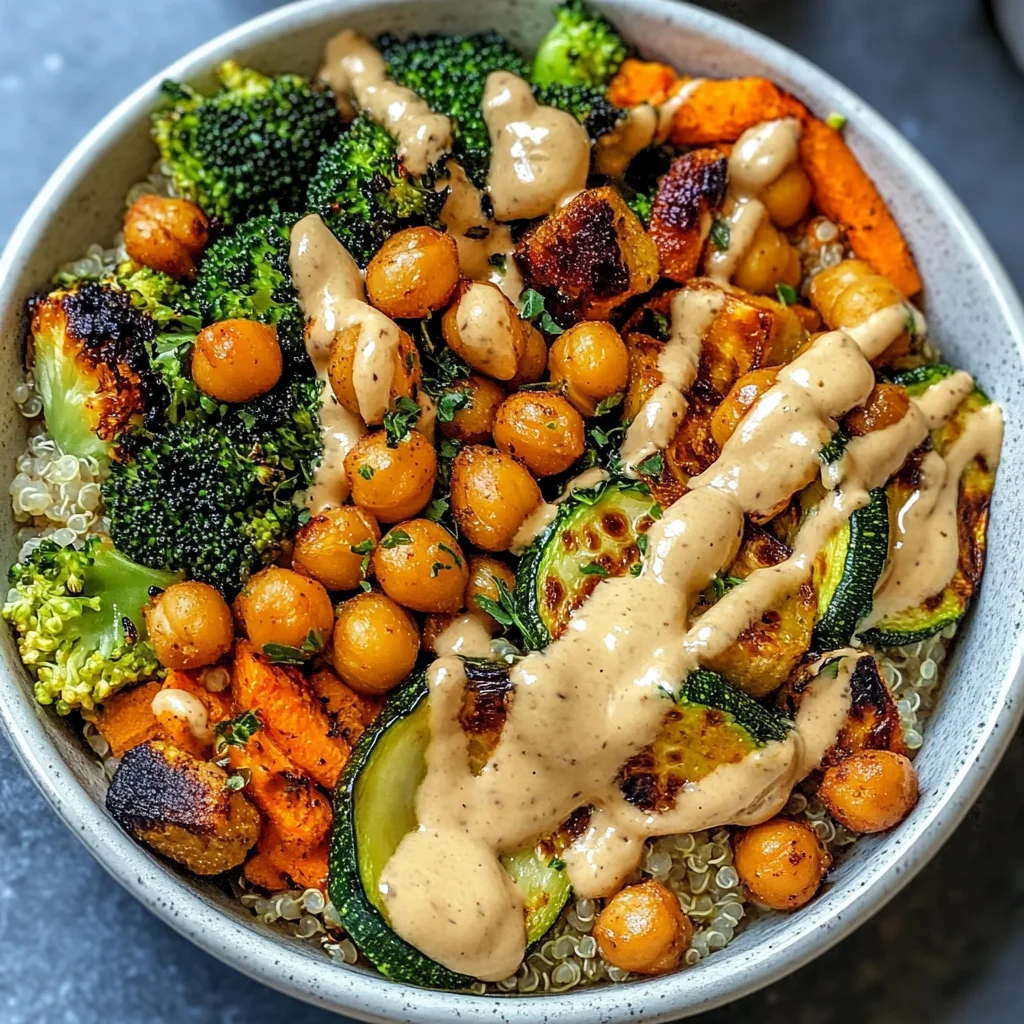 Roasted Veggie Chickpea Bowls with Maple Dijon Tahini Dressing