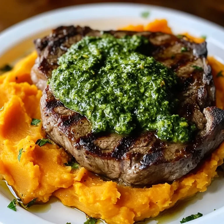 Steak with Green Sauce and Mashed Sweet Potatoes