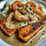Cajun Shrimp and Salmon with Garlic Cream Sauce, Mashed Potatoes, and Green Beans